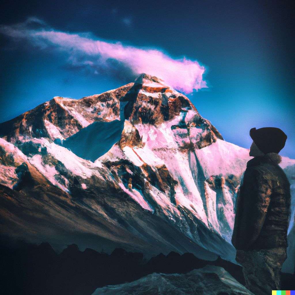 someone gazing at Mount Everest, photograph, epic lighting, post processing effects
